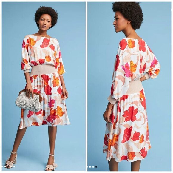 Anthropologie Maeve Gemma Floral Midi Dress M Greek goddess Waisted Silhouette - Picture 7 of 11